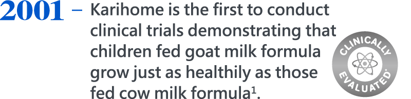 2001，Karihome is the first to conduct clinical trials demonstrating that children fed goat milk formula grow just as healthily as those fed cow milk formula1.